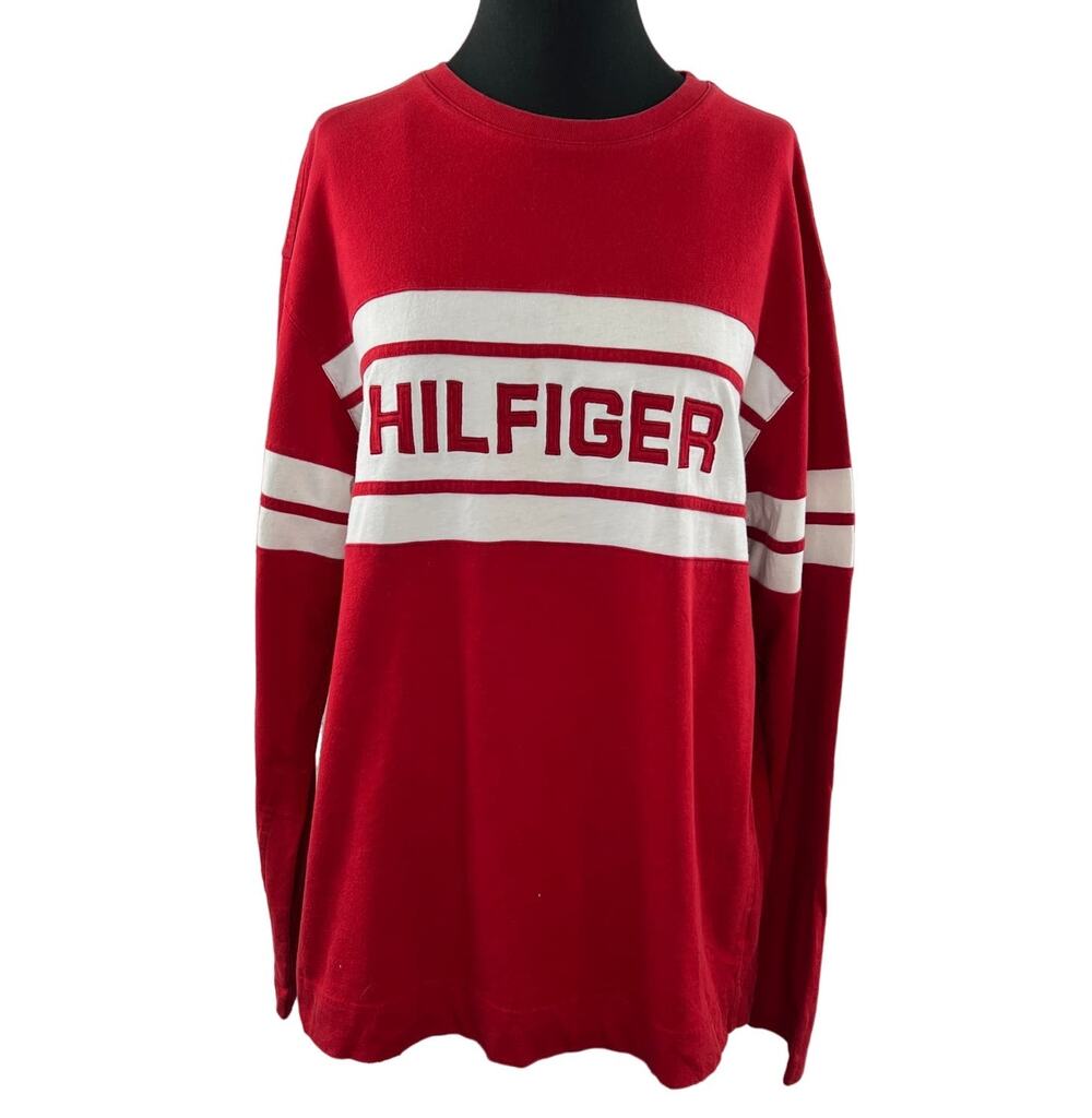 Vintage TOMMY HILFIGER Spellout Red White Cotton Long Sleeve Sweatshirt Size XL